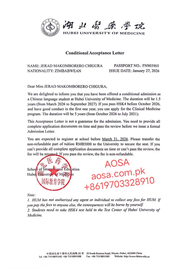 Hubei University of Medicine Certificate – official recognition